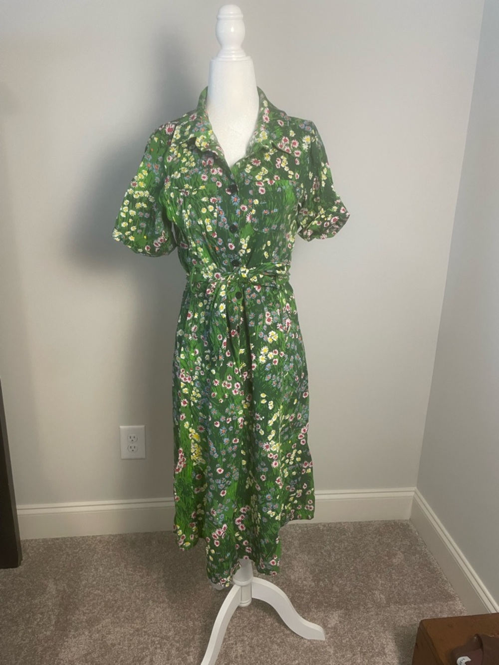 Nooworks Green Floral Midi Shirt Dress with Tie Waist